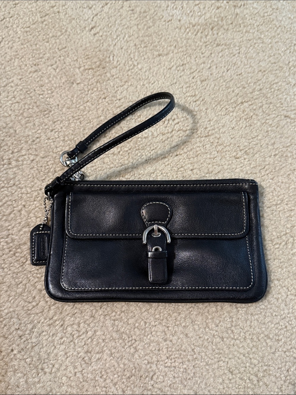 Coach Black Leather Wristlet Clutch with Silver Hardware